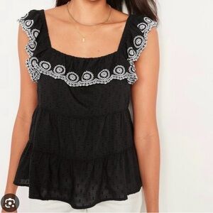 Old Navy  Black Ruffle Blouse with Embroidered Trim Size S